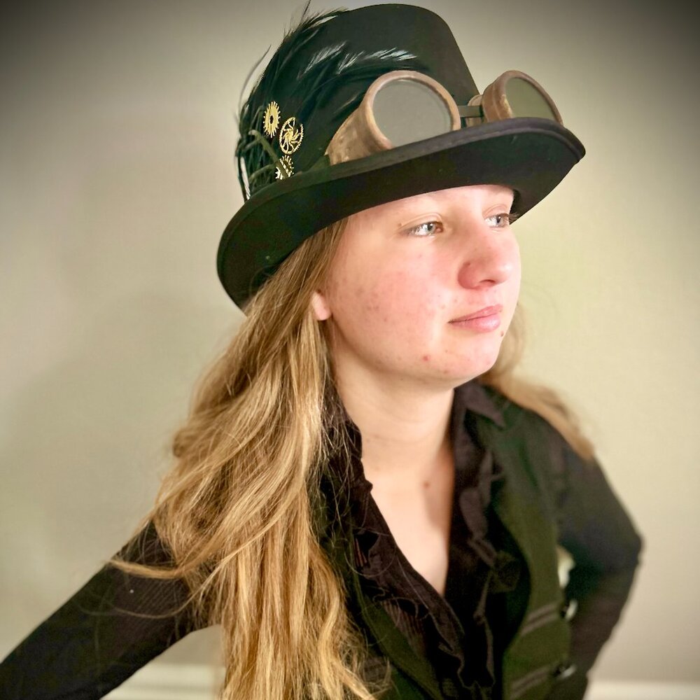 Black Steampunk Top Hat with Goggles, Gears, Rivets, Lacing, and Feather Accents